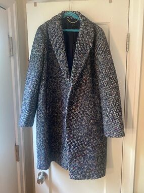 Wool Blend Bouclé Overcoat - Navy Multicolor